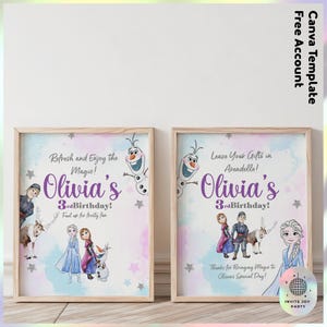 Könnte beinhalten: Zwei gerahmte Drucke mit hellem Holzfinish. Jeder Druck zeigt den Text "Olivia's 3rd Birthday!" mit Frozen-Charakteren und den Sätzen "Refresh and Enjoy the Magic!" und "Leave Your Gifts in Arendelle!" Canva Template Free Account.