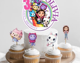 Personalized Dollhouse Cake Topper, Custom Cat Girl Cupcake Toppers, Whimsical Rainbow Birthday Decor, Printable Digital Download File JPD11