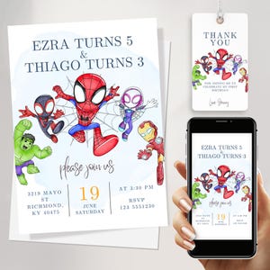 Invitación de cumpleaños conjunta de Spiderman • Invitación de fiesta de superhéroes editable para dos niños • Descarga digital • Plantilla imprimible para fiesta de niños