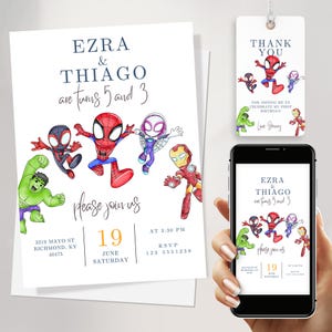Convite de aniversário do Spidey e seus amigos incríveis • Download digital • Convite editável para festa de super-heróis para duas crianças, modelo instantâneo