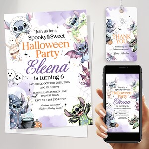 Faire-part d'Halloween pour les filles au point de couture, invitation de fête mignon pastel fantasmagorique, anniversaire d'enfants modifiable, modèle de toile imprimable en téléchargement numérique