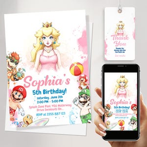 Prinzessin Peach Einladung zur Pool-Party | Super Mario Girl Sommer Splash Einladen | Bearbeitbare digitale Leinwand Download + Danke-Tag