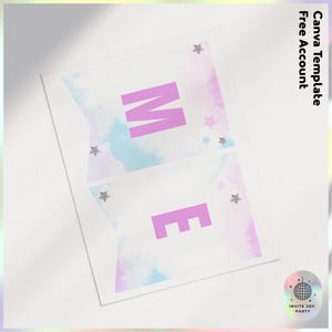 May include: A printable banner with the word "ME" in pink letters on a watercolor background with silver glitter stars. The banner is designed for a party or celebration.