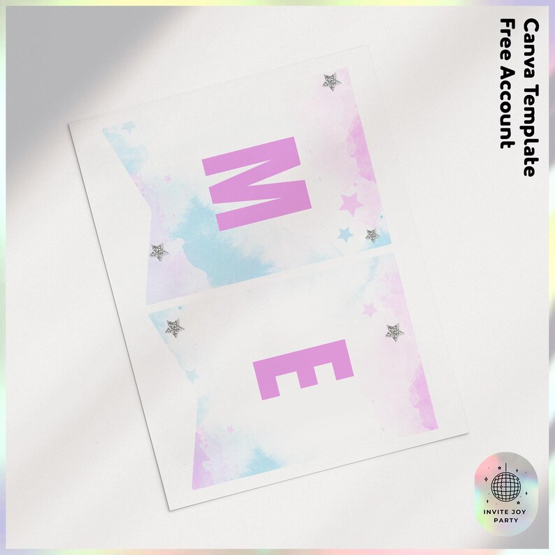 May include: A printable banner with the word "ME" in pink letters on a watercolor background with silver glitter stars. The banner is designed for a party or celebration.