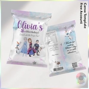 Modello per incarto per sacchetti di patatine personalizzabili Frozen / Decorazione per compleanno di bambine Frozen / Bomboniere per feste del film Frozen Girls (file digitale) JPD04