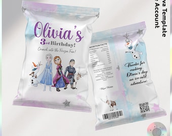 Bearbeitbare Gefrorene Geburtstags-Chip-Beutelverpackungsvorlage: Anpassbare Gastgeschenke (Digitale Datei) - JPD04