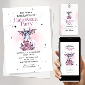 Faire-part d'Halloween point rose, invitation à une fête château fantasmagorique, conception de costume de chauve-souris pastel, modèle de toile éditable pour les filles