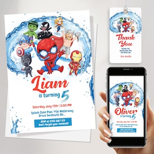 Pode incluir: Um convite de aniversário e uma etiqueta de presente com ilustrações de super-heróis. O convite diz "Liam faz 5 anos" com detalhes do evento. Um smartphone mostra um design semelhante com o nome "Oliver".