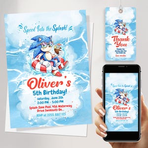 Bewerkbare Sonic poolparty verjaardagsuitnodiging GRATIS Sonic bedanktags en aquarel Sonic verjaardagsuitnodiging Canva-sjabloon