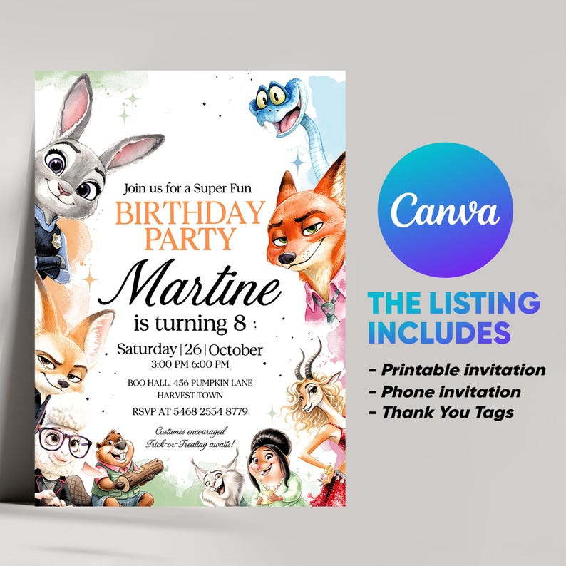 May include: A colorful birthday party invitation featuring cartoon characters from Zootopia. The invitation includes the text "Join us for a Super Fun Birthday Party" and details for Martine's 8th birthday, including the date, time, and location.