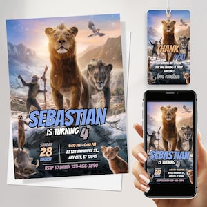 Convite de aniversário do Rei Leão | Convite para festa infantil no Safari na Selva | Modelo Canva para impressão e edição | Download digital