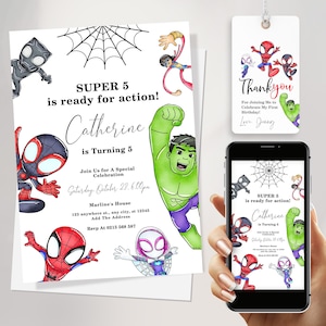 Convite de aniversário de 5 anos de super-heróis, convite de aniversário de 5 anos do Aranha, convite de aniversário de 5 anos de super-heróis dos Vingadores, download instantâneo