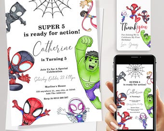 Superheld 5e verjaardagsuitnodiging jongen | SpiderMan 5-jarige verjaardagsuitnodiging voor jongens | Spidey & Friends (digitale download)