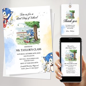Modèle d'invitation de Sonic pour le dernier jour d'école | Jolie invitation à une fête d'autobus scolaire aquarelle pour enfants | Téléchargement numérique modifiable
