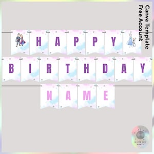 May include: Frozen themed birthday banner with purple letters spelling "Happy Birthday" and a space for a name. The banner features a watercolor background with clouds and stars. The banner includes images of Elsa and Anna from the movie Frozen.