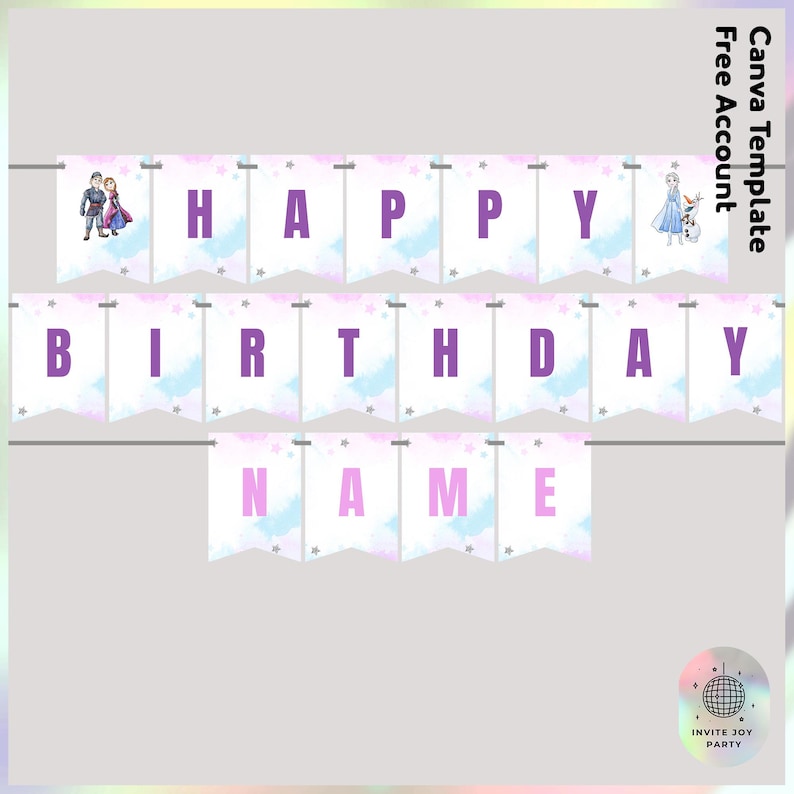 May include: Frozen themed birthday banner with purple letters spelling "Happy Birthday" and a space for a name. The banner features a watercolor background with clouds and stars. The banner includes images of Elsa and Anna from the movie Frozen.