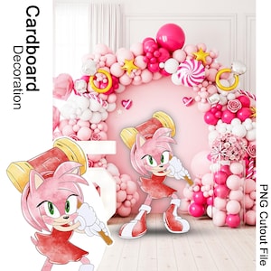 Amy Rose PNG-knipselbestand voor Sonic Party, roze kartonnen decoratie clipart, afdrukbare digitale download voor verjaardagsdecor