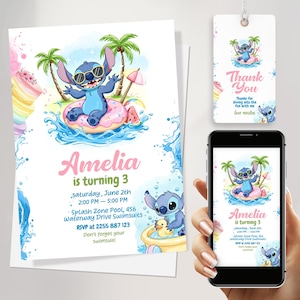 Faire-part d'anniversaire à la piscine au point modifiable pour filles avec étiquettes de remerciement et invitation pour téléphone | Téléchargement du modèle Summer Beach Canvas