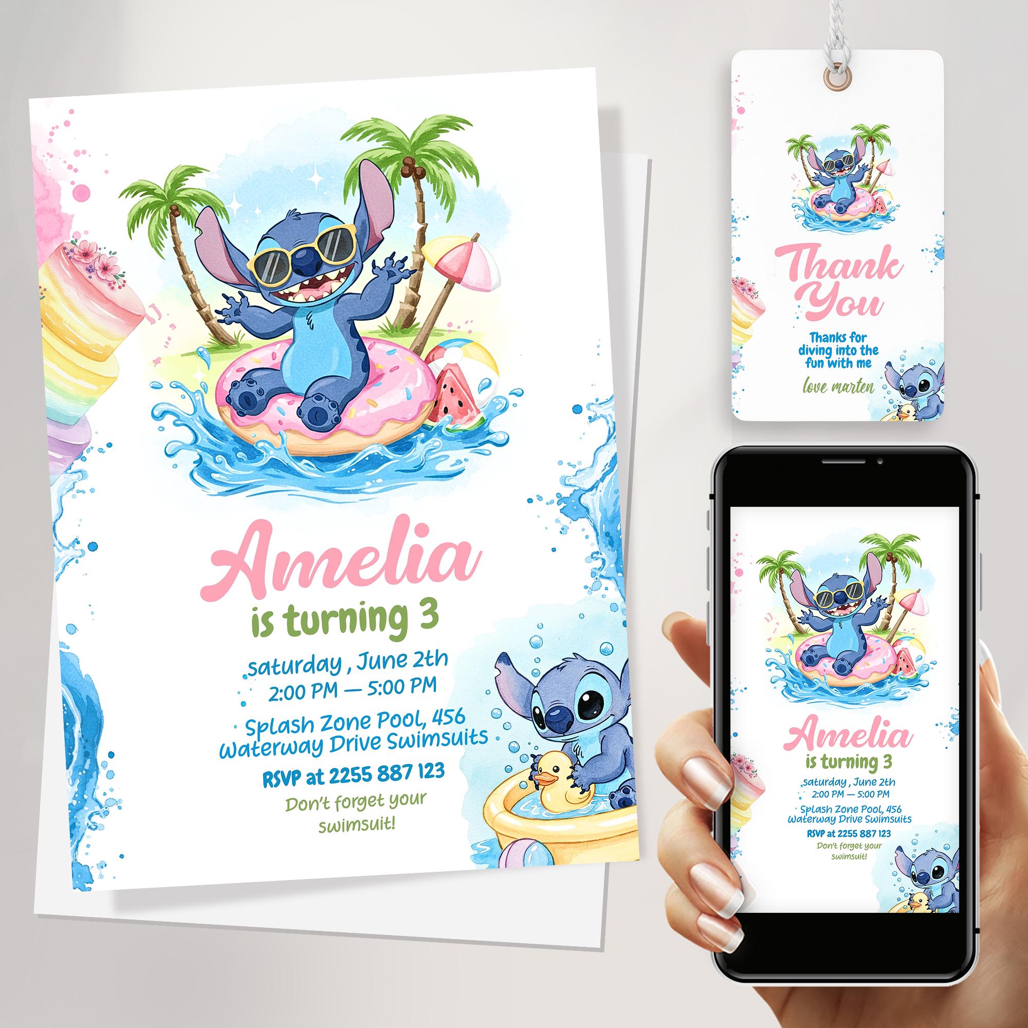 Bearbeitbares Stitch Pool Party Geburtstagseinladung für Mädchen mit Dankeschön Tags & Telefon einladen | Sommer Strand Leinwand Vorlage Download
