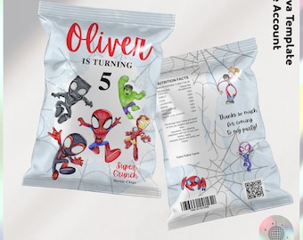 Envoltorio para bolsa de patatas fritas de superhéroes: Cumpleaños de los Vengadores personalizable (Archivo digital) - JPD06