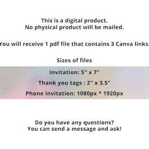 K&ouml;nnte beinhalten: Informationen zu einem digitalen Produkt auf wei&szlig;em Hintergrund. Der Text beschreibt einen digitalen Download ohne physisches Produkt. Dateigr&ouml;&szlig;en sind angegeben: Einladung 12,7 cm x 17,8 cm, Dankeskarten 5,1 cm x 8,9 cm und Telefon Einladung 1080px * 1920px.