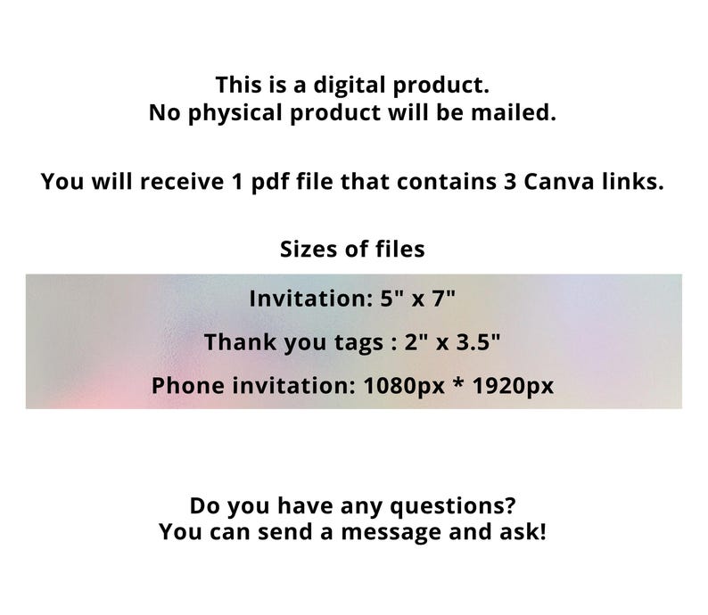 K&ouml;nnte beinhalten: Informationen zu einem digitalen Produkt auf wei&szlig;em Hintergrund. Der Text beschreibt einen digitalen Download ohne physisches Produkt. Dateigr&ouml;&szlig;en sind angegeben: Einladung 12,7 cm x 17,8 cm, Dankeskarten 5,1 cm x 8,9 cm und Telefon Einladung 1080px * 1920px.