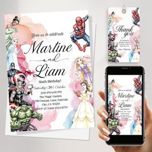 Faire-part d'anniversaire commun super-héros et princesse | Faire-part personnalisé garçon et fille | Célébration d'anniversaire d'un frère ou d'une sœur à imprimer