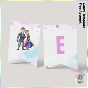 May include: A printable banner with a watercolor background featuring snowflakes and stars. The banner has a pink letter "E" and an illustration of Elsa and Anna from Frozen.