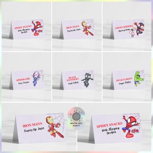 Etiqueta de comida de aniversário do Aranha e seus amigos incríveis / Cartão de barraca de comida | Decoração com tema de aquarela | Lembrancinhas de festa do Aranha (arquivo digital) JPD07
