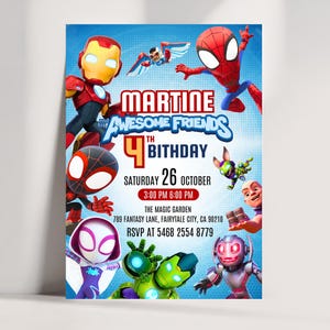 Może przedstawiać: Żywe zaproszenie na przyjęcie urodzinowe z kresk&oacute;wkowymi superbohaterami, takimi jak Iron Man i Spider-Man. Zaproszenie zawiera imię "Martine", słowa "Awesome Friends" oraz datę "26 października". Zaproszenie zawiera r&oacute;wnież godzinę i miejsce.