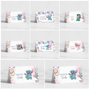 May include: A collection of folded cards featuring the character Stitch from the Disney movie Lilo & Stitch. Each card has a different design, including Stitch, Lilo, and Angel, with text like "Stitch Snacks" and "Aloha Goodies". The cards have a pastel color scheme.
