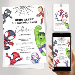 Garçon d'invitation pour le 3e anniversaire de super-héros, invitation pour le 3e anniversaire de Spidey, invitation de super-héros pour le 3e anniversaire des Avengers, téléchargement immédiat