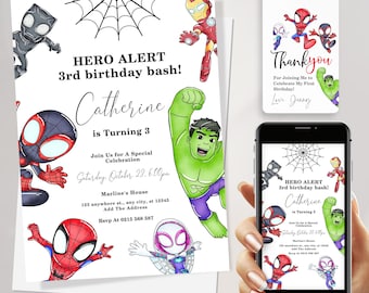 Superheld 3. Geburtstagseinladung: Spidey & Avengers (Instant Download)