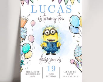 Minions Birthday Invitation Editable Template, Kids Party Invite, Boy Birthday Minion Theme, Printable Birthday Invitation Canva