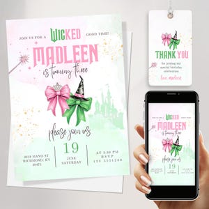 Uitnodiging voor verjaardagsfeestje | Geweldige feestuitnodiging | Op WICKED geïnspireerde filmuitnodiging | Elphaba & Glinda-thema | Bewerkbaar op Canva JPD03