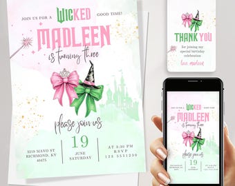 Wicked Geburtstagsparty - Einladung | Böse Party einladen | WICKED inspirierter Film einladen | Elphaba & Glinda Theme | Bearbeitbar auf Canva JPD03
