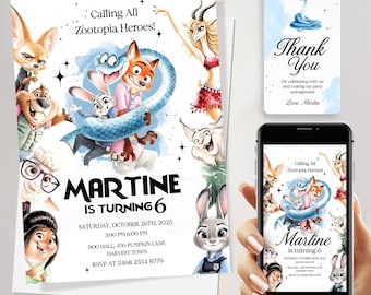 Plantilla editable de invitación de cumpleaños de Zootopia 2, invitación digital de Zootopia, tarjeta de invitación de Zootopia con descarga instantánea
