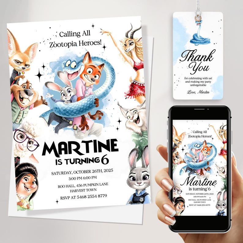 K&ouml;nnte beinhalten: Eine Einladung zum Geburtstag im Zootopia-Stil und ein Dankesch&ouml;n-Anh&auml;nger. Die Einladung zeigt Zeichentrickfiguren und den Text "Calling All Zootopia Heroes!" und "Martine wird 6". Ein Smartphone zeigt die gleiche Einladung.