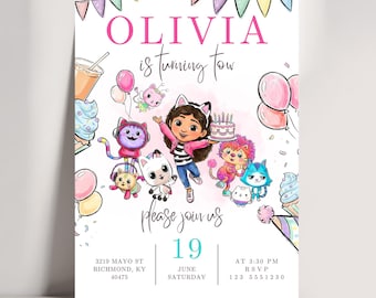 Faire-part pour maison de poupée Gabby | d'anniversaire de maison de poupée gabby | Faire-part pour la maison de poupée gabbys personnalisable sur Canva, téléchargement immédiat 11 JPD