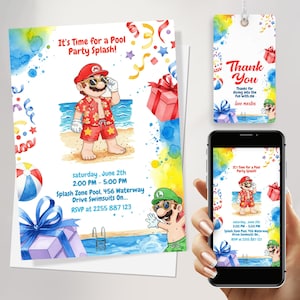 Convite digital para festa de aniversário do Super Mario na piscina com etiquetas de agradecimento GRÁTIS e convite do Mario personalizável no modelo Canva
