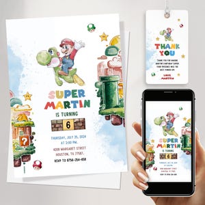 Invito di compleanno Super Mario e Yoshi da scaricare digitalmente con tag di ringraziamento GRATUITI e invito di Mario personalizzabile sul modello Canva JPD08