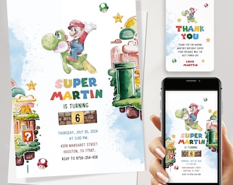 Zaproszenie urodzinowe Super Mario i Yoshi do pobrania w wersji cyfrowej z BEZPŁATNYMI etykietami z podziękowaniami i zaproszeniem Mario do dostosowania na szablonie Canva JPD08
