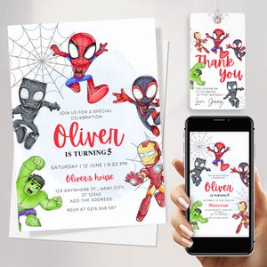 Invitación de cumpleaños de Spiderman, invitación de cumpleaños de Spidey y sus increíbles amigos, personalizable en Canva, descarga instantánea de plantilla JPD06
