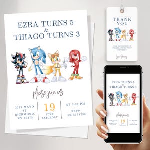 Faire-part d'anniversaire Sonic commun • Invitation numérique modifiable pour deux enfants • Modèle Sonic the Hedgehog Party imprimable, téléchargement immédiat JPD05