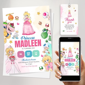 Prinzessin Peach Geburtstagseinladung für Mädchen - Bearbeitbare Canva Vorlage mit Telefoneinladung & Tags - 6.Geburtstag Digital Download JPD08