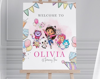 Personalized Dollhouse Birthday Welcome Sign, Custom Cat Girl Party Poster, Whimsical Watercolor Decor, Printable Digital Download JPD11