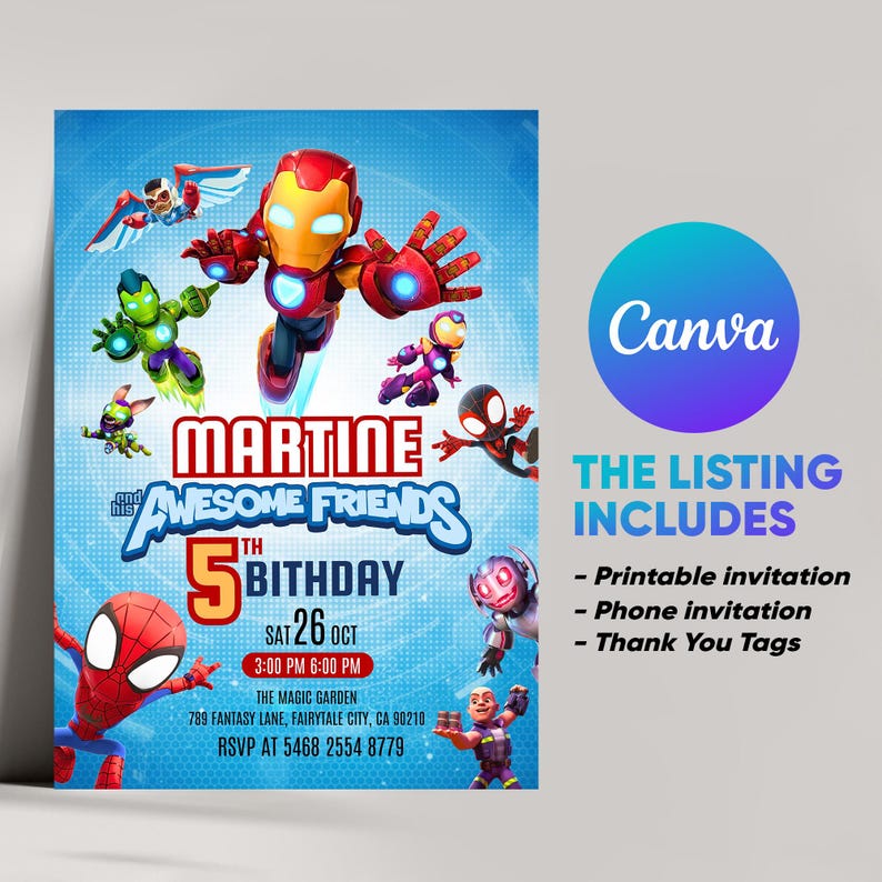Puede incluir: Una vibrante invitaci&oacute;n de cumplea&ntilde;os con superh&eacute;roes de dibujos animados, incluyendo a Iron Man y Spider-Man, sobre un fondo azul. La invitaci&oacute;n es para el 5&ordm; cumplea&ntilde;os de Martine, con detalles del evento y el logo de Canva.