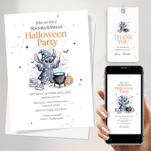 Convite de Halloween Wizard Stitch, convite para festa mágica e assustadora para crianças, modelo editável do Canva, download digital para impressão de aniversário