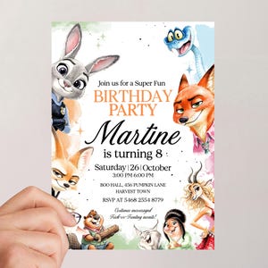 May include: A colorful birthday party invitation featuring cartoon characters. The invitation reads "BIRTHDAY PARTY" and includes the name "Martine" and the age "8". The date and time are also included. Costumes are encouraged.