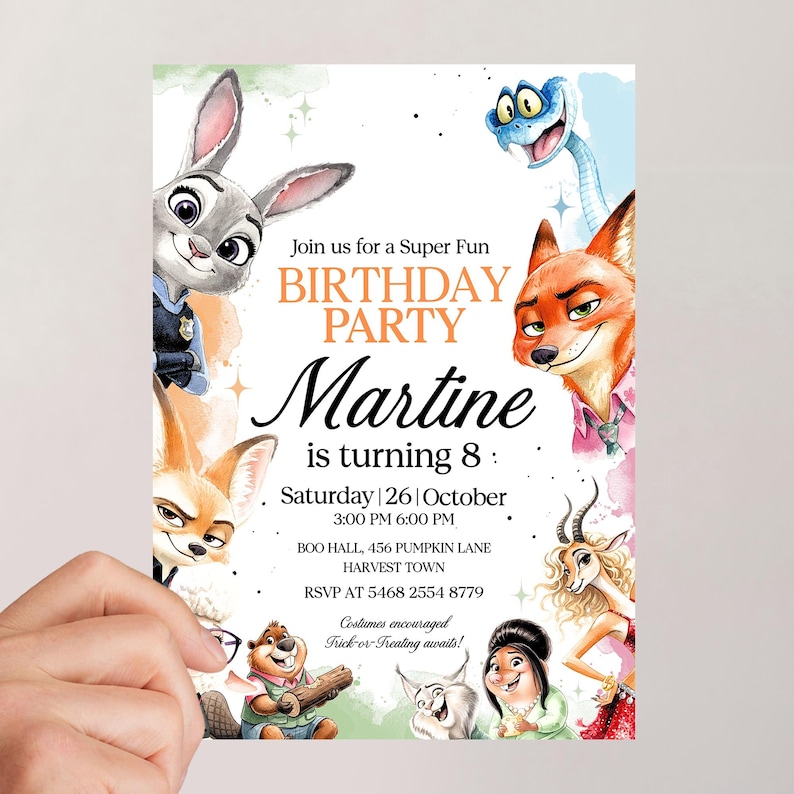 May include: A colorful birthday party invitation featuring cartoon characters. The invitation reads "BIRTHDAY PARTY" and includes the name "Martine" and the age "8". The date and time are also included. Costumes are encouraged.